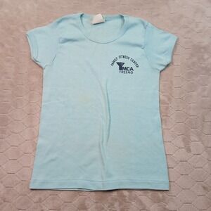 VTG 70s Fresno CA YMCA Fitness Center Shirt Sz M Cap Sleeve Stained Look